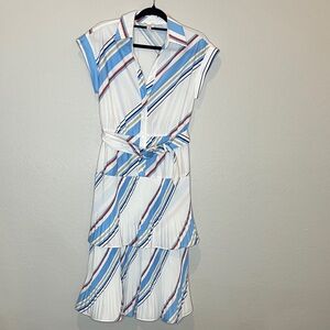 Anthropologie Current Air Blue/White Midi Dress tiered pleated skirt size Small